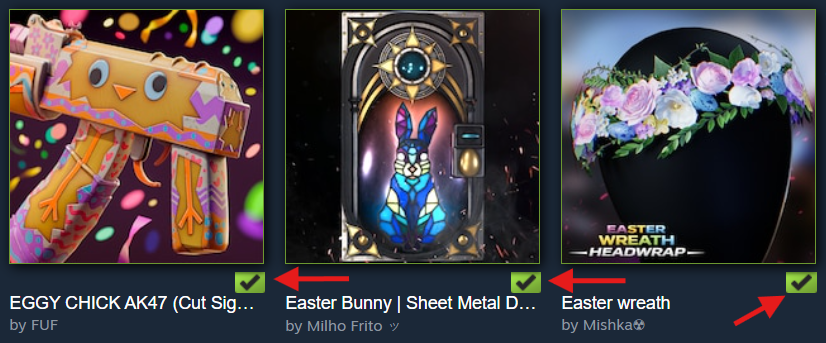 Approved skins have a green tick mark — avoid these